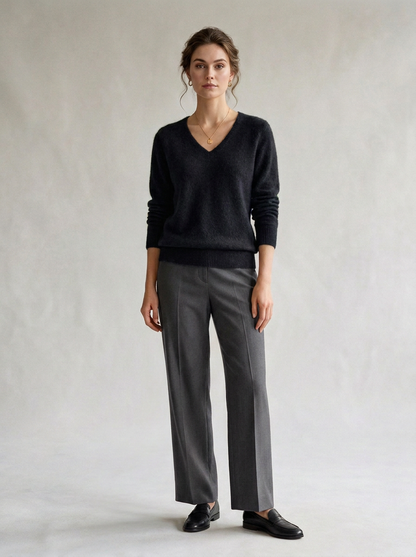 A woman stands against a light gray textured studio backdrop wearing a dark charcoal V-neck sweater, gray wide-leg trousers, and black loafers.