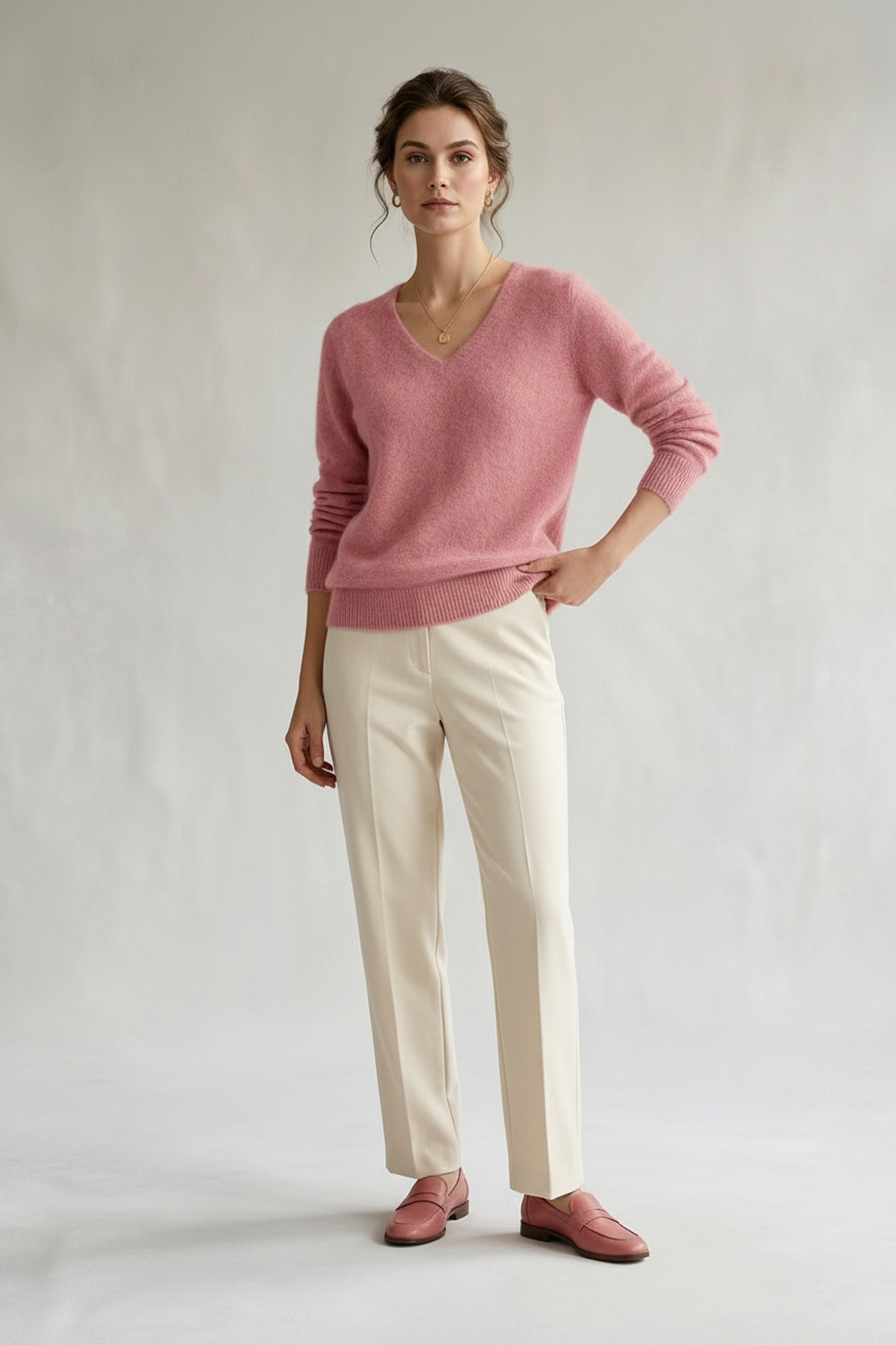 A woman modeling a dusty pink v-neck knit sweater, paired with cream-colored trousers and matching pink loafers, standing against a neutral light gray studio backdrop.