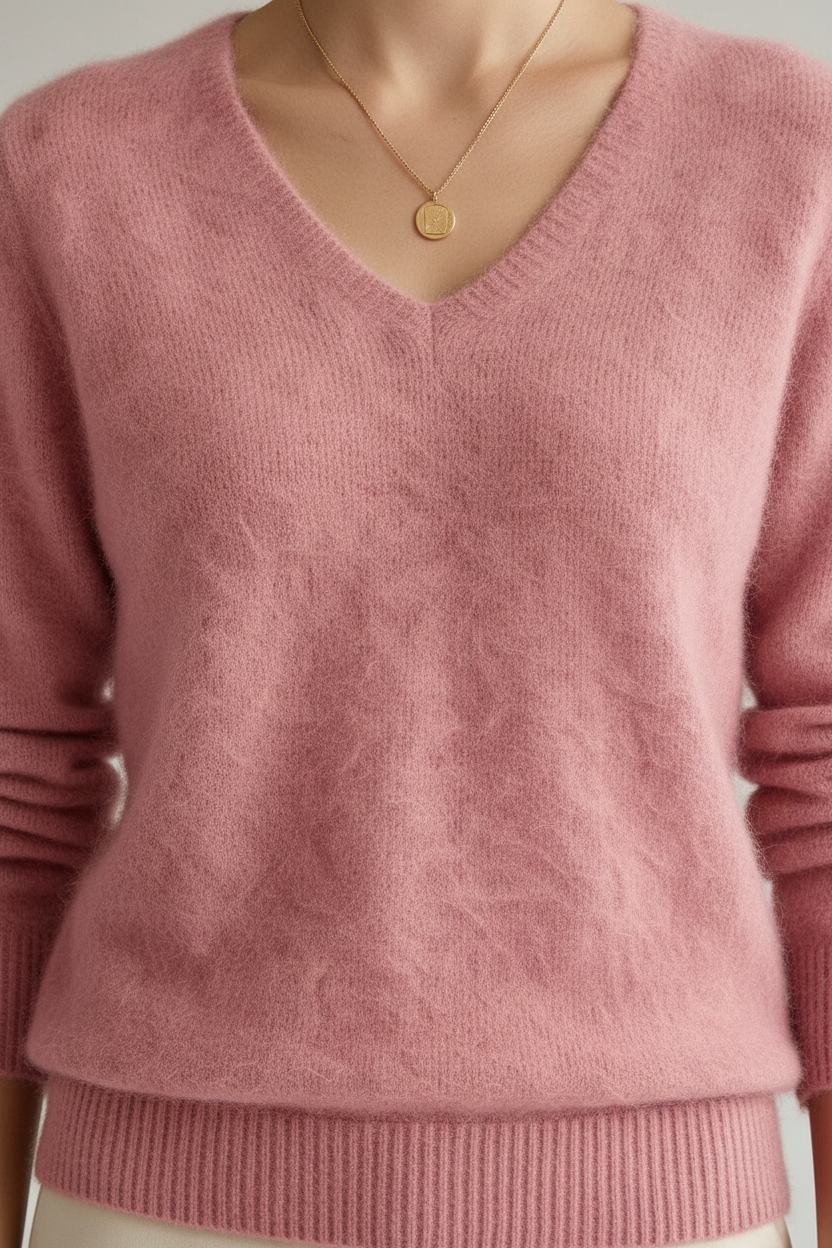 A close-up of a person wearing a soft dusty pink V-neck knit sweater with long sleeves and ribbed trim at the collar and hem, paired with a delicate gold pendant necklace.