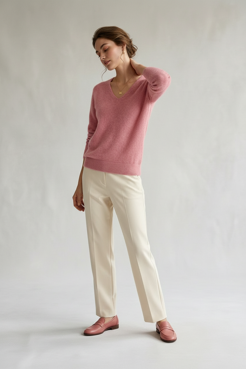 A woman modeling a dusty pink knit V-neck sweater, paired with cream-colored trousers and matching pink leather loafers, against a neutral light gray studio background.