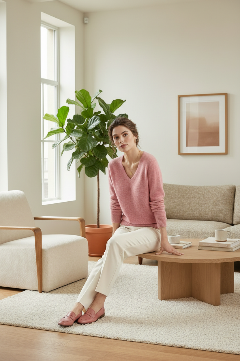 A woman stands in a bright, modern living room wearing a dusty pink v-neck sweater, cream trousers, and pink loafers.