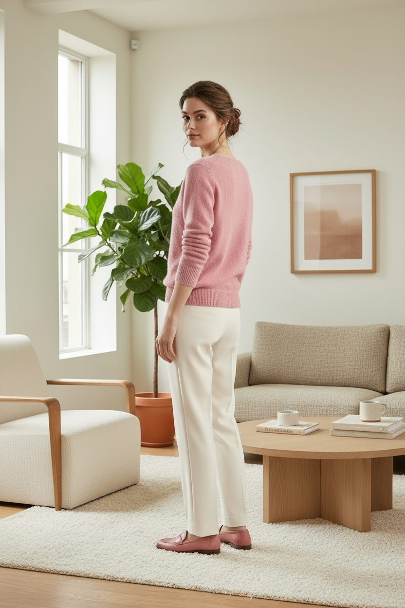 A woman stands in a bright, modern living room wearing a dusty pink v-neck sweater, cream trousers, and pink loafers.