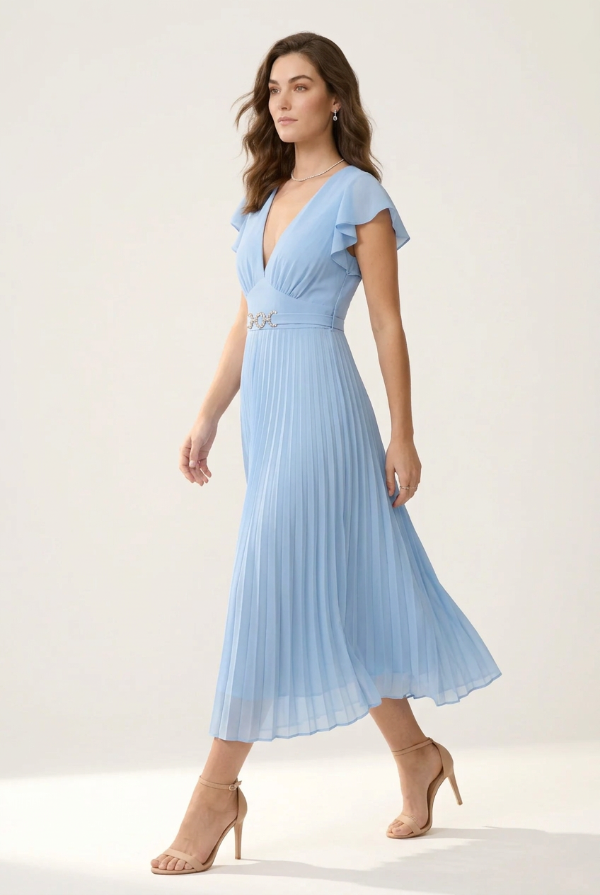 V-Neck Pleated Flutter Sleeve Midi Dress with Waist Detail, walking pose