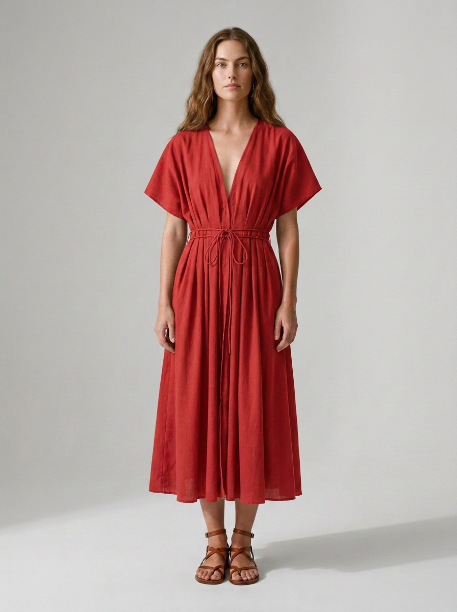 A woman modeling a red midi dress with short flutter sleeves, a deep V-neckline, and a drawstring waist, paired with brown strappy sandals against a neutral studio background.