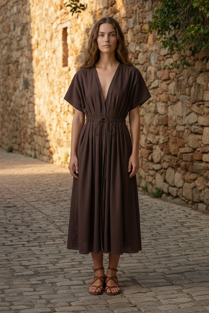 A woman modeling a dark brown midi wrap dress with short flutter sleeves, a deep V-neckline, and a drawstring waist, paired with brown strappy sandals against a neutral studio background.