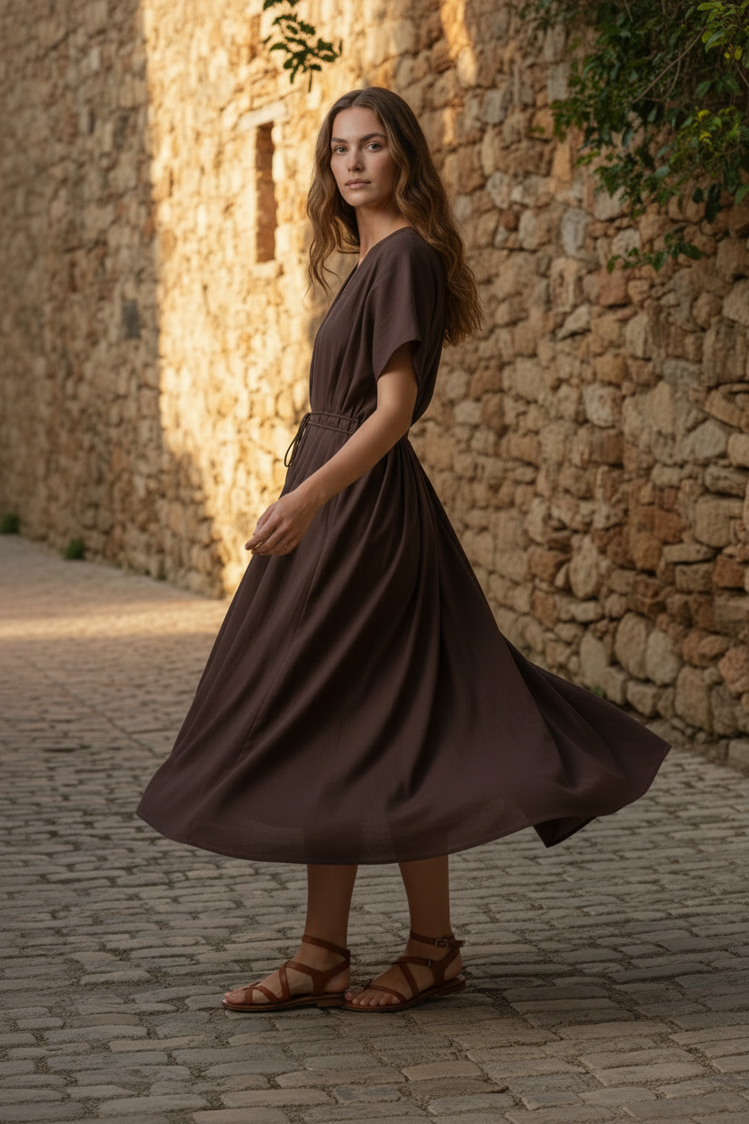 A woman stands on a cobblestone path in front of a rustic stone wall, wearing a dark brown midi dress with short sleeves, a deep V-neckline, a matching drawstring waist, and brown strappy sandals.