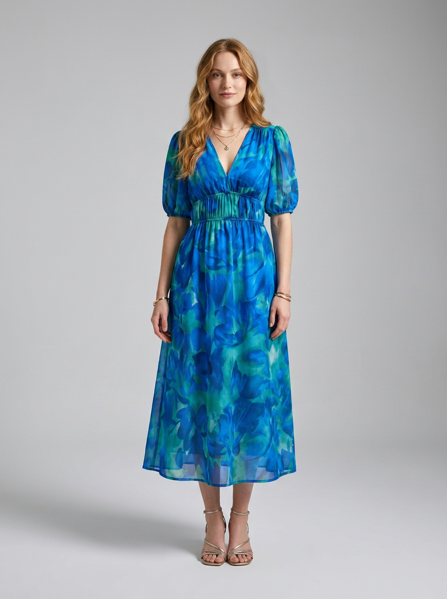 A woman modeling a midi-length blue and green abstract print dress with puff sleeves, a V-neckline, and a smocked waist, set against a plain gray studio background.