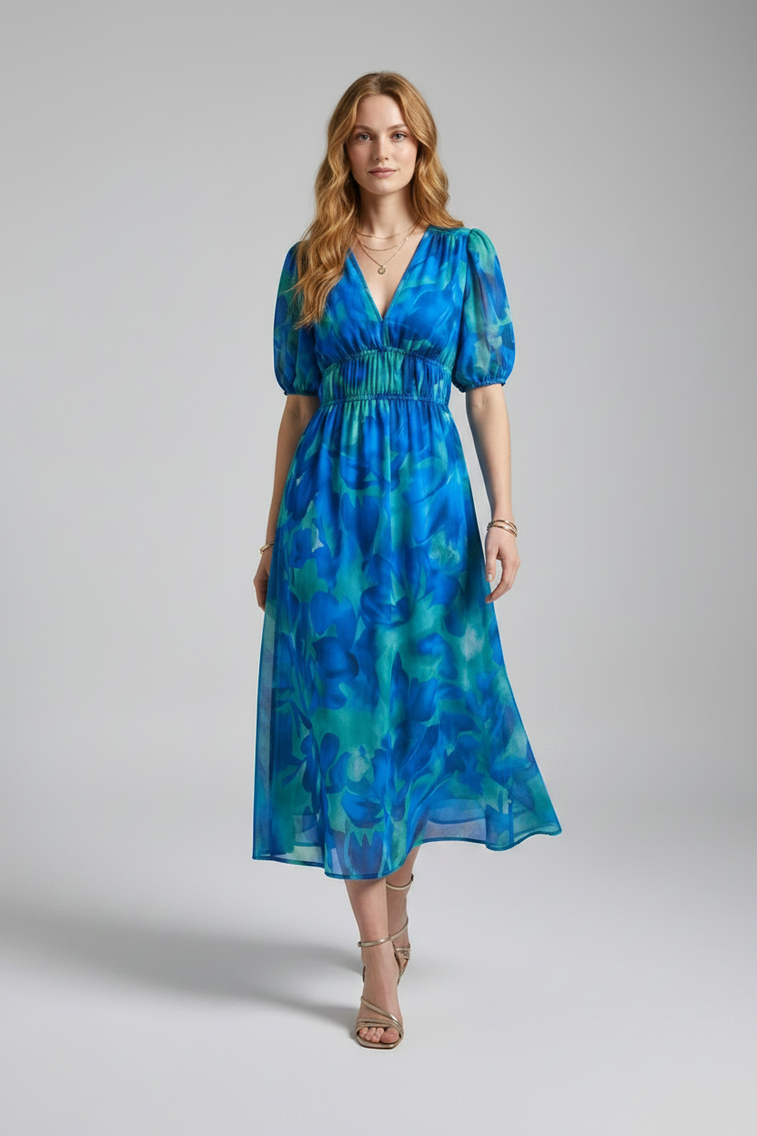 A woman modeling a midi-length blue and green abstract print dress with puff sleeves, a V-neckline, and a smocked waist, set against a plain gray studio background.