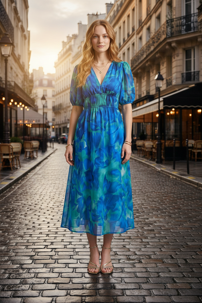 A woman stands on a cobblestone street wearing a blue and teal floral midi dress with puff sleeves and a smocked waist. The background shows a softly blurred European-style city street with buildings and cafe tables.