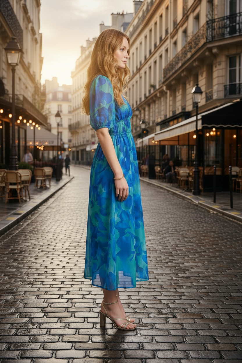 A woman stands on a cobblestone city street wearing a flowing midi dress with a blue and teal floral pattern, paired with beige high-heeled sandals. The background shows classic Parisian-style buildings and outdoor cafe seating.