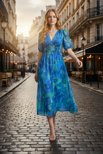 A woman stands on a cobblestone street wearing a blue and teal floral midi dress with puff sleeves and a smocked waist. The background shows a softly blurred European-style city street with buildings and cafe tables.