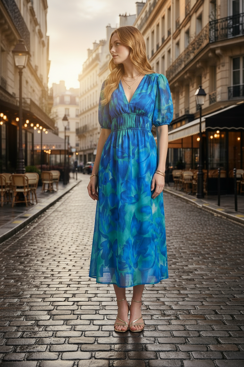 A woman stands on a cobblestone street wearing a blue and teal floral midi dress with puff sleeves and a smocked waist. The background shows a softly blurred European-style city street with buildings and cafe tables.