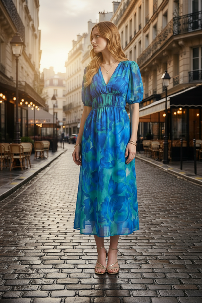 A woman stands on a cobblestone street wearing a blue and teal floral midi dress with puff sleeves and a smocked waist. The background shows a softly blurred European-style city street with buildings and cafe tables.