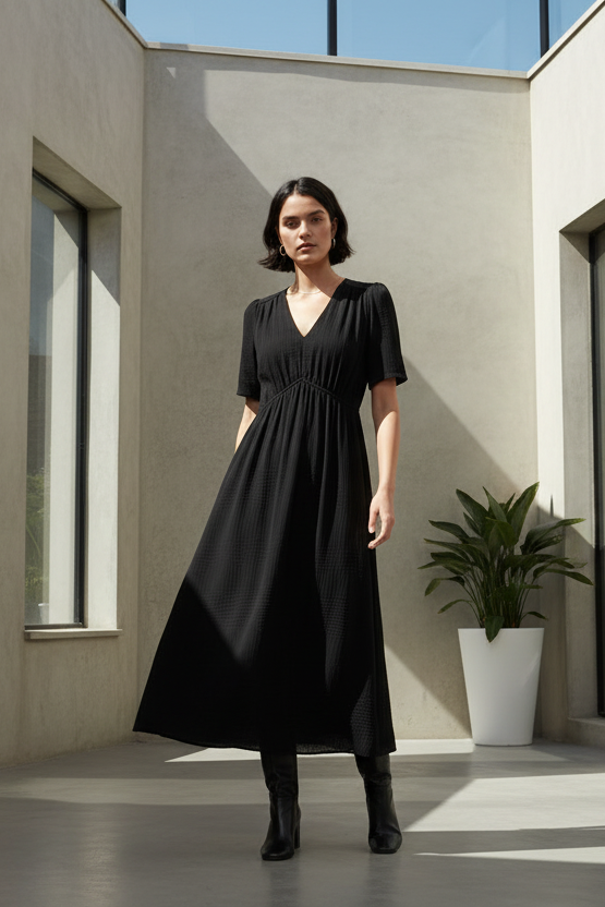 A woman modeling a black midi dress with short sleeves, a V-neckline, and a gathered waist, paired with black ankle boots, set against a minimalist light gray studio background.