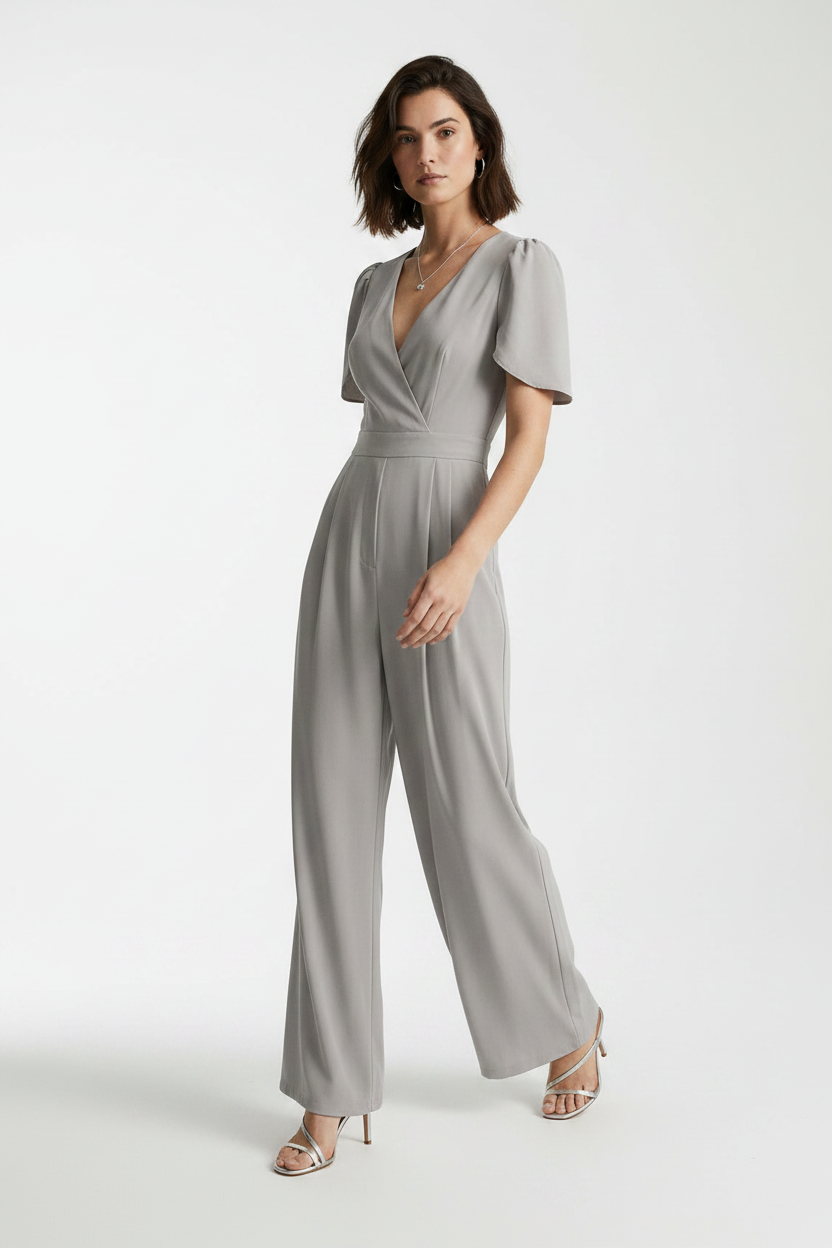 A woman modeling a light gray jumpsuit with short puff sleeves, a wrap-style V-neck bodice, and wide legs, photographed against a plain light gray studio background.