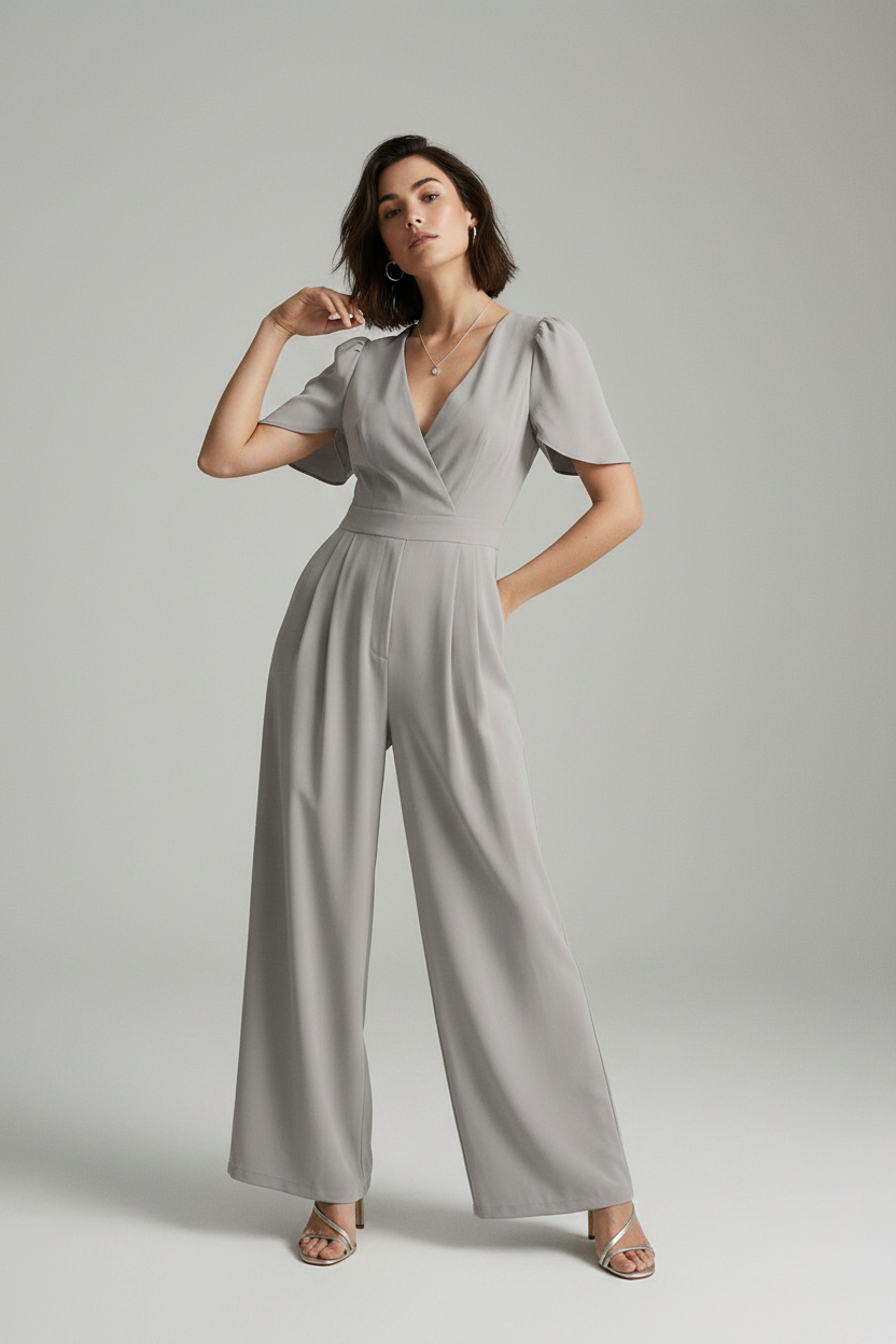 A woman modeling a light gray jumpsuit with short puff sleeves, a wrap-style V-neck bodice, and wide legs, photographed against a plain light gray studio background.