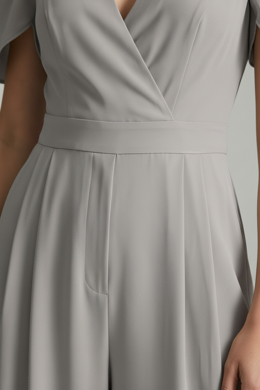 A woman modeling a light gray jumpsuit with short puff sleeves, a wrap-style V-neck bodice, and wide legs, photographed against a plain light gray studio background.