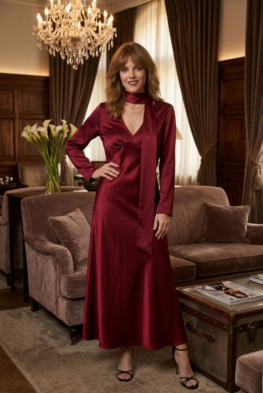 A woman modeling a long-sleeved satin maxi dress in deep burgundy red, featuring a high neck, V-neckline, and a matching self-tie belt, set against a plain light gray studio background.