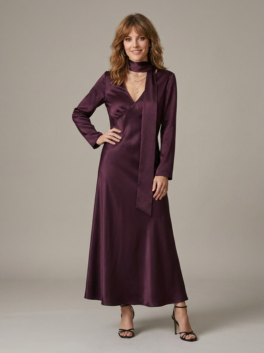 A woman models a long-sleeved, floor-length satin dress in a deep plum purple color, featuring a high neck, a wrap-style front overlay, and a V-neckline, paired with black strappy heels against a neutral studio backdrop.