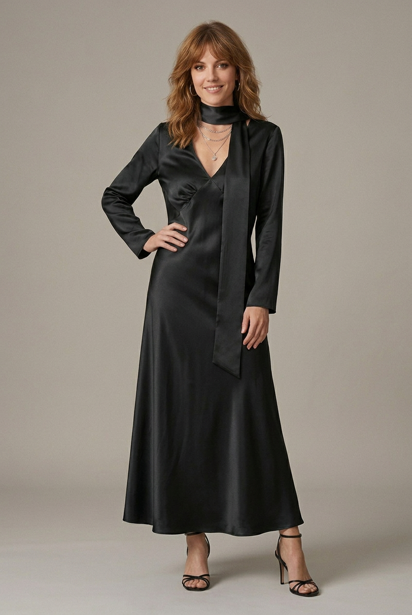 A woman models a long-sleeved, floor-length satin dress in a deep plum purple color, featuring a high neck, a wrap-style front overlay, and a V-neckline, paired with black strappy heels against a neutral studio backdrop.