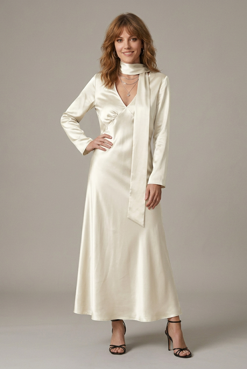 V-Neck Satin Maxi Dress with Integrated Scarf Detail and Long Sleeves in Off-white, studio shot