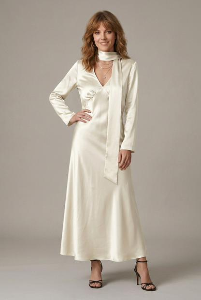 V-Neck Satin Maxi Dress with Integrated Scarf Detail and Long Sleeves in Off-white, studio shot