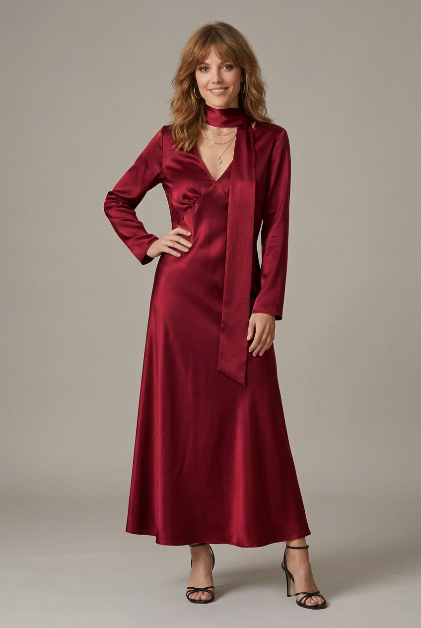 V-Neck Satin Maxi Dress with Integrated Scarf Detail and Long Sleeves in Red, studio shot (1 of 3)