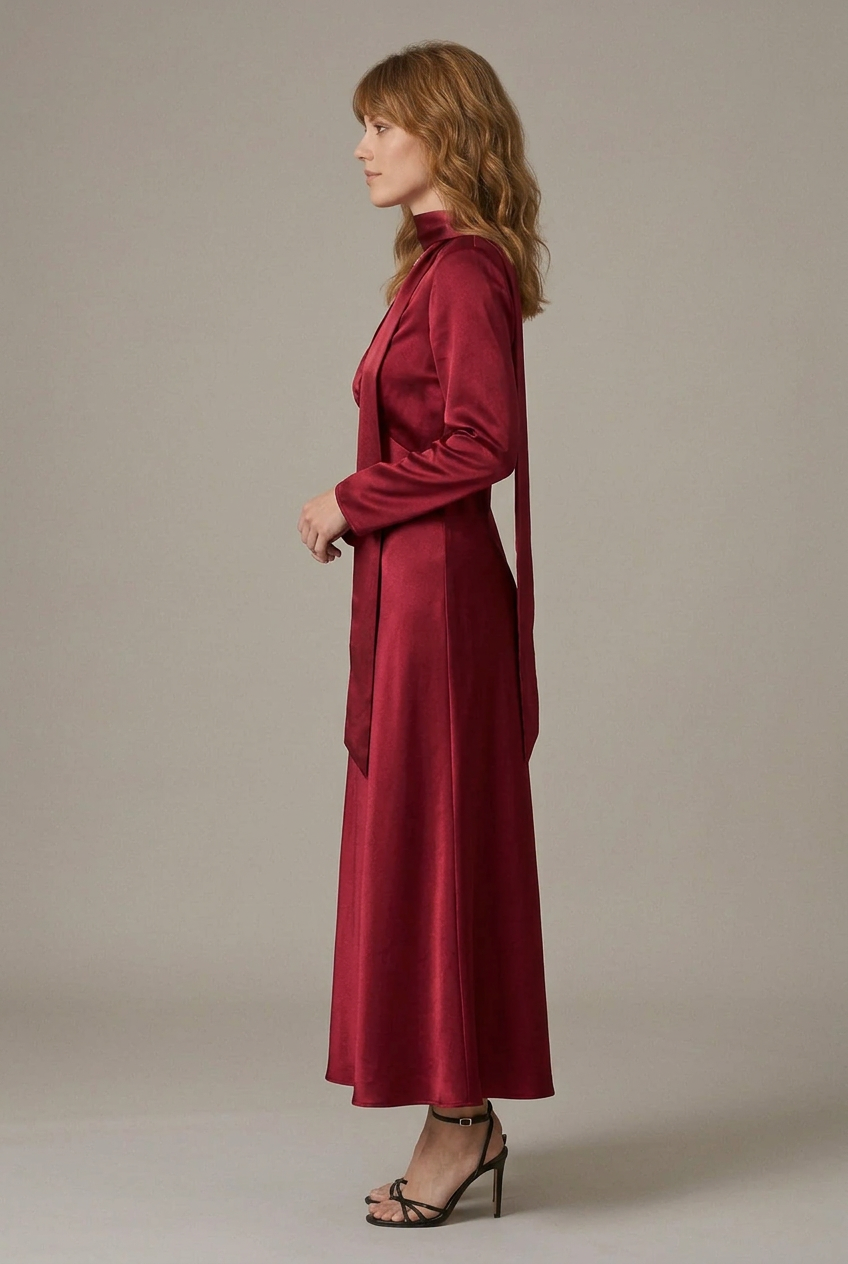 A woman modeling a long-sleeved satin maxi dress in deep burgundy red, featuring a high neck, V-neckline, and a matching self-tie belt, set against a plain light gray studio background.