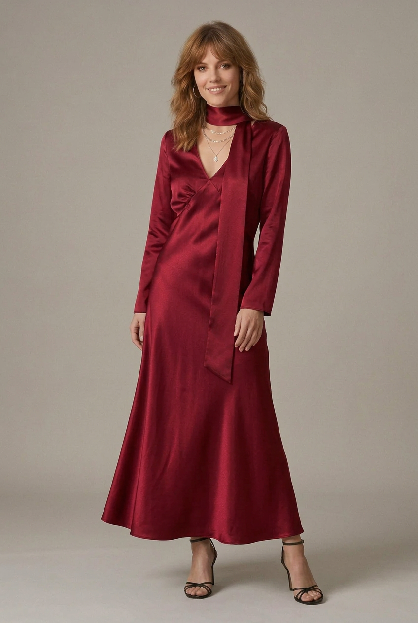 A woman modeling a long-sleeved satin maxi dress in deep burgundy red, featuring a high neck, V-neckline, and a matching self-tie belt, set against a plain light gray studio background.