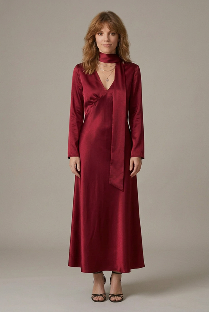 A woman modeling a long-sleeved satin maxi dress in deep burgundy red, featuring a high neck, V-neckline, and a matching self-tie belt, set against a plain light gray studio background.