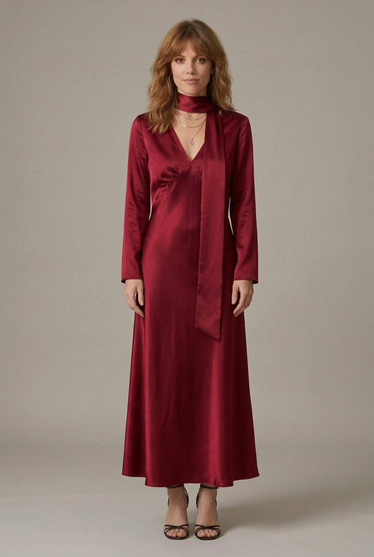 A woman modeling a long-sleeved satin maxi dress in deep burgundy red, featuring a high neck, V-neckline, and a matching self-tie belt, set against a plain light gray studio background.