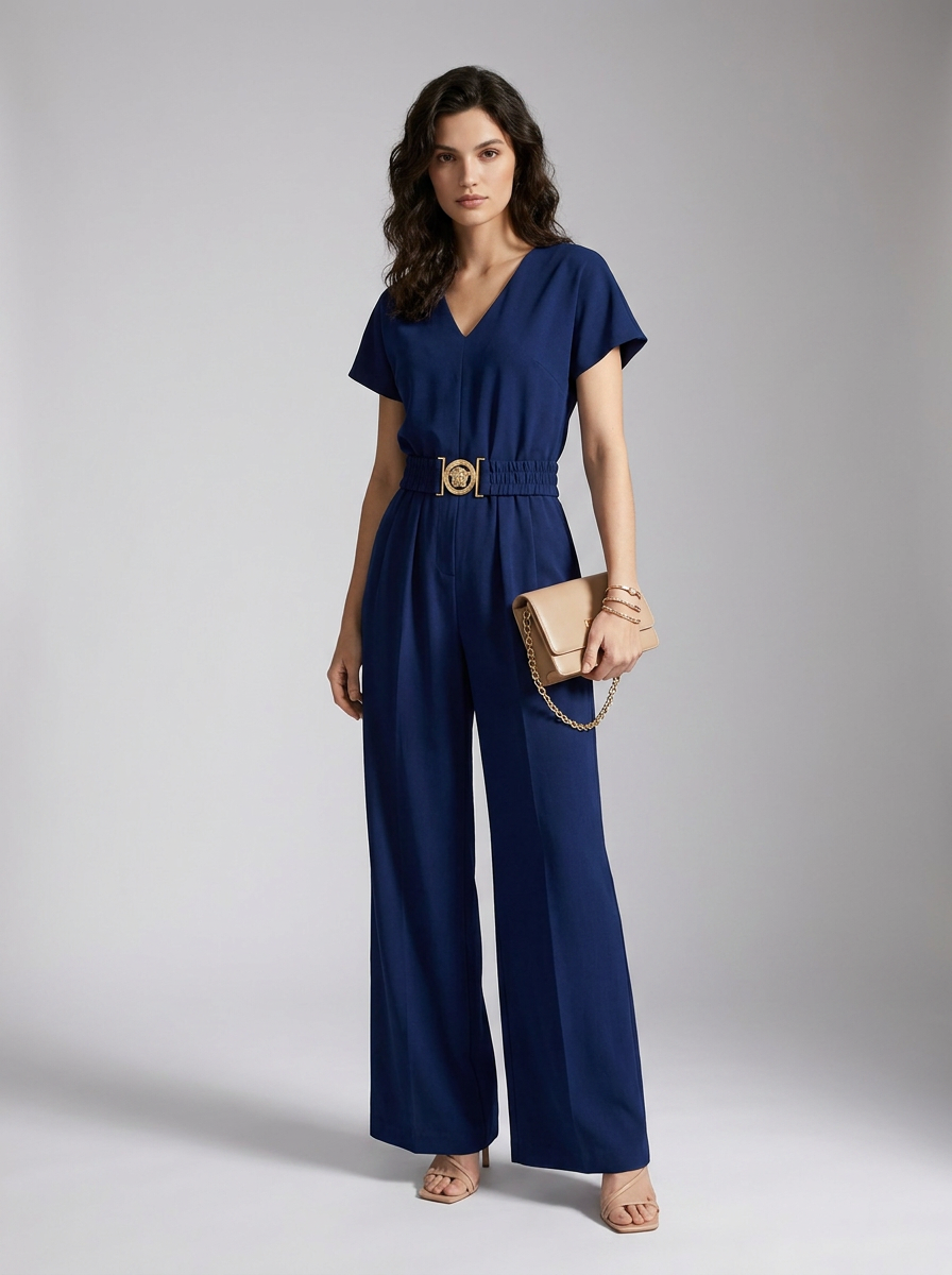 A woman models a navy blue short-sleeve jumpsuit with a gold-tone belt and decorative buckle, styled with a beige clutch and neutral sandals against a light gray studio background.