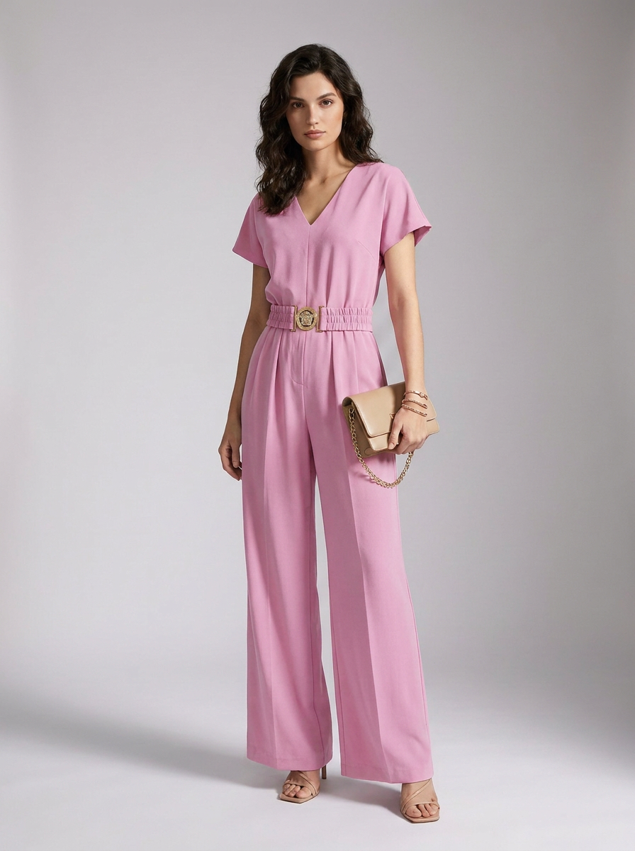 A woman models a pink short-sleeve jumpsuit with a V-neckline, a matching fabric belt with a gold-tone buckle, and wide legs. She is holding a small beige clutch with a gold chain strap and wearing beige sandals against a neutral gray studio background.