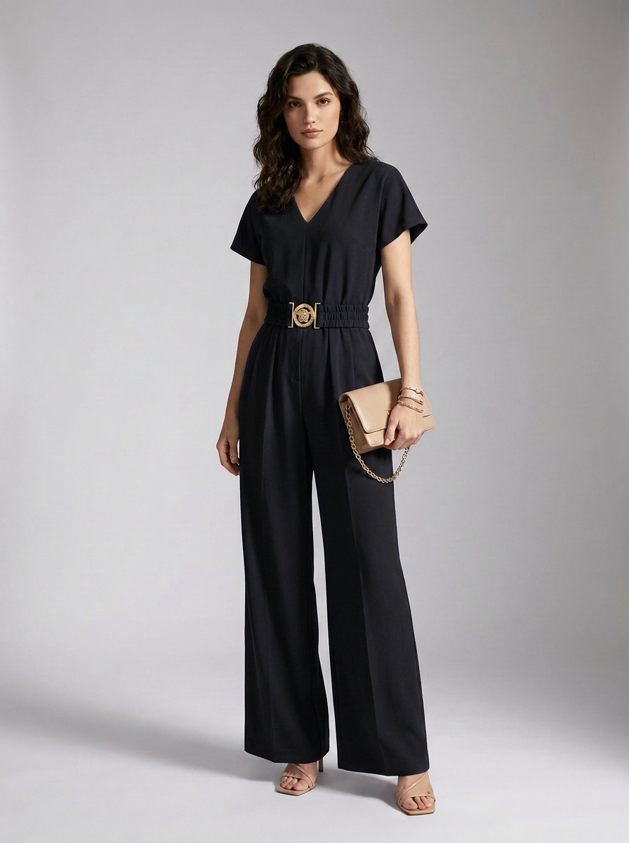 A woman models a black short-sleeve jumpsuit with a gold-tone belt and decorative buckle, styled with a beige clutch and gold sandals against a neutral gray studio background.