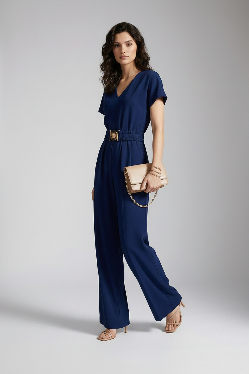 A woman models a navy blue short-sleeve jumpsuit with a gold-tone belt buckle, holding a beige clutch bag and wearing beige heels against a neutral gray studio background.