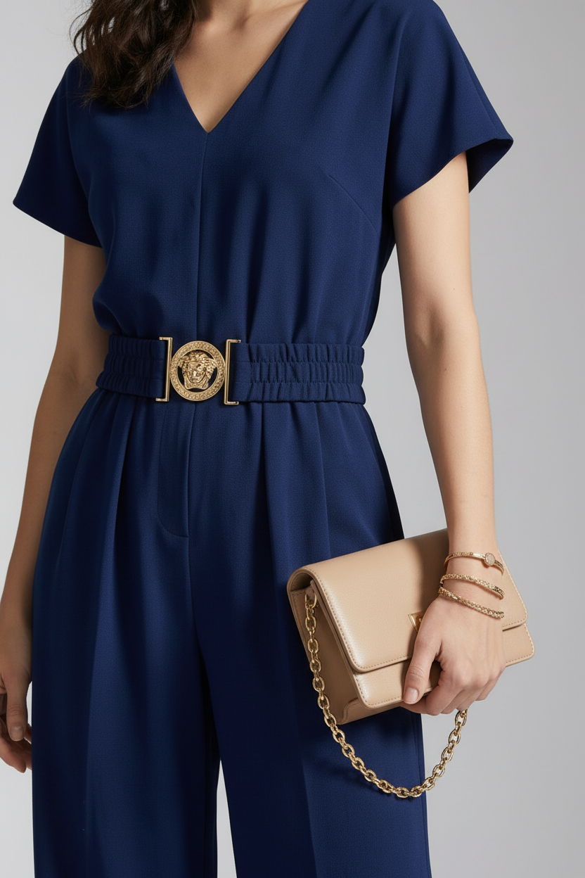 A woman models a navy blue short-sleeve jumpsuit with a gold-tone belt and decorative buckle, styled with a beige clutch and neutral sandals against a light gray studio background.