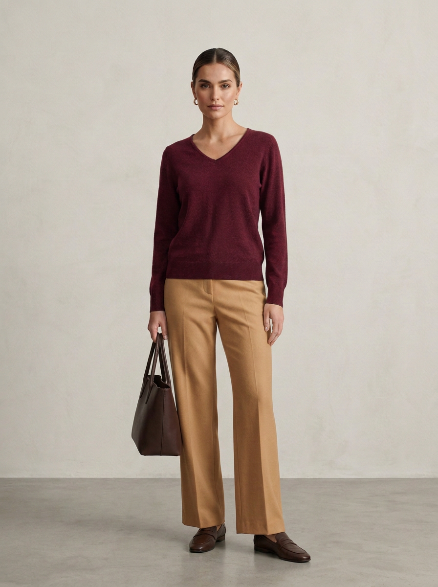 A woman stands in a studio wearing a burgundy V-neck sweater, tan wide-leg trousers, and dark brown loafers, while holding a dark brown tote bag. The background is a clean, textured light beige wall and gray floor.