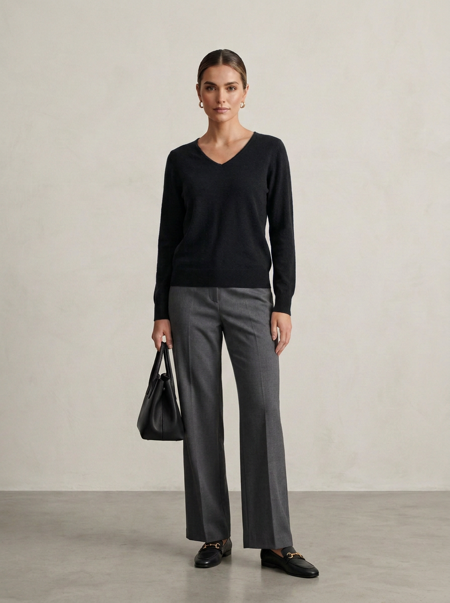 A woman stands in a studio wearing a black long-sleeve V-neck sweater, gray wide-leg trousers, black loafers, and holding a black handbag against a neutral beige wall and gray floor.