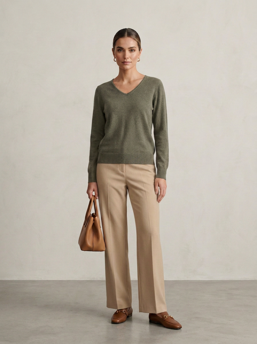 A woman stands in a studio wearing an olive green V-neck sweater, beige wide-leg trousers, brown loafers, and holding a tan leather handbag against a light textured wall.