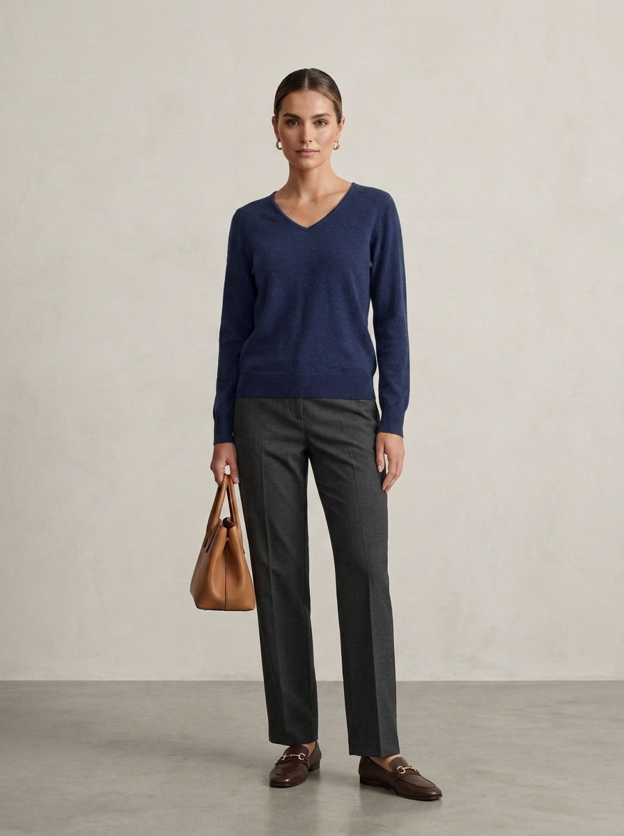 A woman stands in a studio wearing a navy blue V-neck sweater, dark charcoal gray trousers, brown loafers, and holding a tan leather handbag against a neutral beige wall and gray floor.