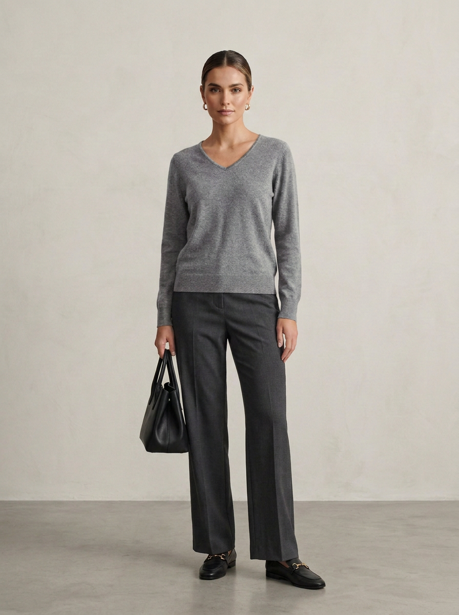 A woman stands in a studio wearing a heather gray long-sleeve V-neck sweater, dark charcoal wide-leg trousers, black loafers, and holding a black leather handbag.