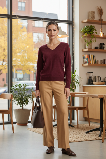 A woman stands in a studio wearing a burgundy V-neck sweater, tan wide-leg trousers, and dark brown loafers, while holding a dark brown tote bag. The background is a clean, textured light beige wall and gray floor.