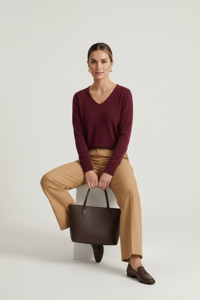 A woman stands in a studio wearing a burgundy V-neck sweater, tan wide-leg trousers, and dark brown loafers, while holding a dark brown tote bag. The background is a clean, textured light beige wall and gray floor.