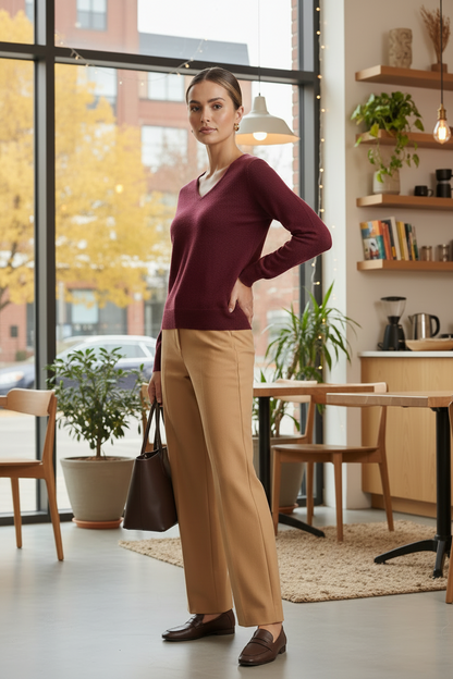 A woman stands in a bright, modern room with large windows, wearing a burgundy V-neck sweater, tan wide-leg trousers, and brown loafers, while holding a dark brown handbag.