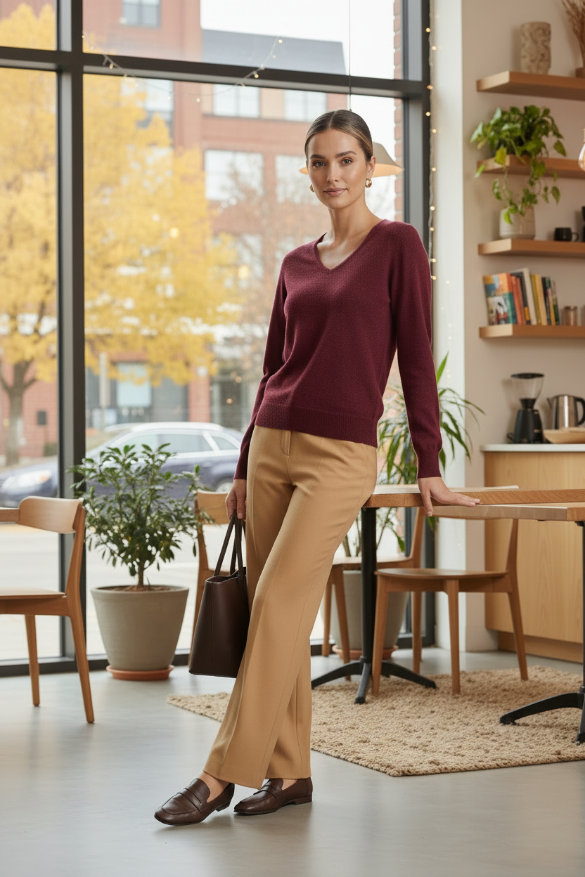 A woman stands in a bright, modern room with large windows, wearing a burgundy V-neck sweater, tan wide-leg trousers, and brown loafers, while holding a dark brown handbag.