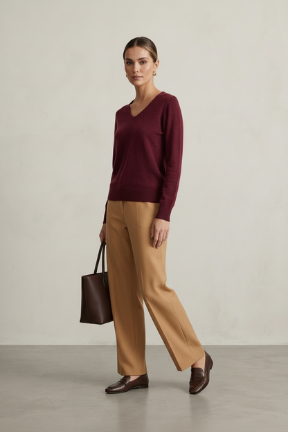 A woman stands in a studio wearing a burgundy V-neck sweater, tan wide-leg trousers, and dark brown loafers, while holding a dark brown tote bag. The background is a clean, textured light beige wall and gray floor.