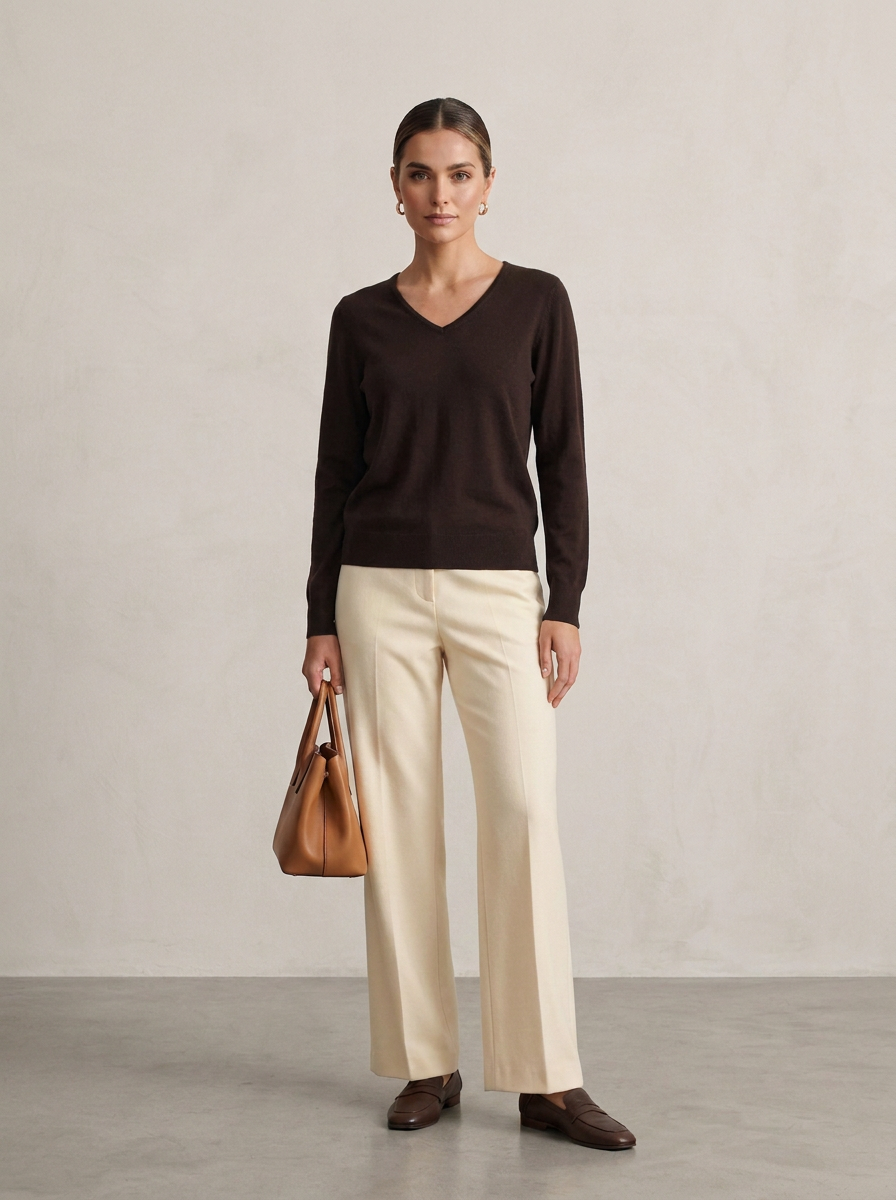 A woman stands in a studio wearing a dark brown V-neck long-sleeve sweater, cream wide-leg trousers, and dark brown loafers, while holding a tan leather handbag against a light textured wall.
