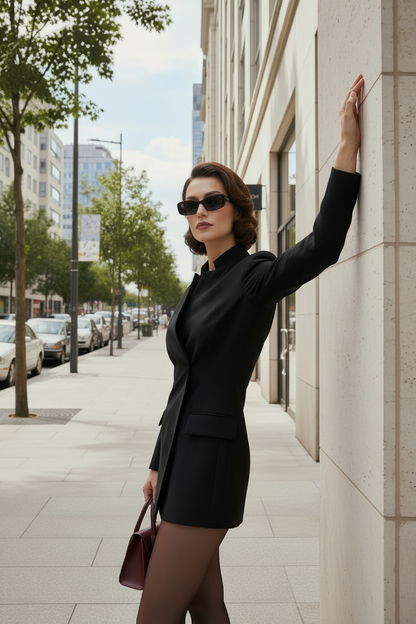 A woman stands on a city sidewalk wearing a fitted black blazer and matching black mini skirt, with dark tights, sunglasses, and a structured burgundy handbag. Buildings, trees, parked cars, and a street sign are visible in the background.
