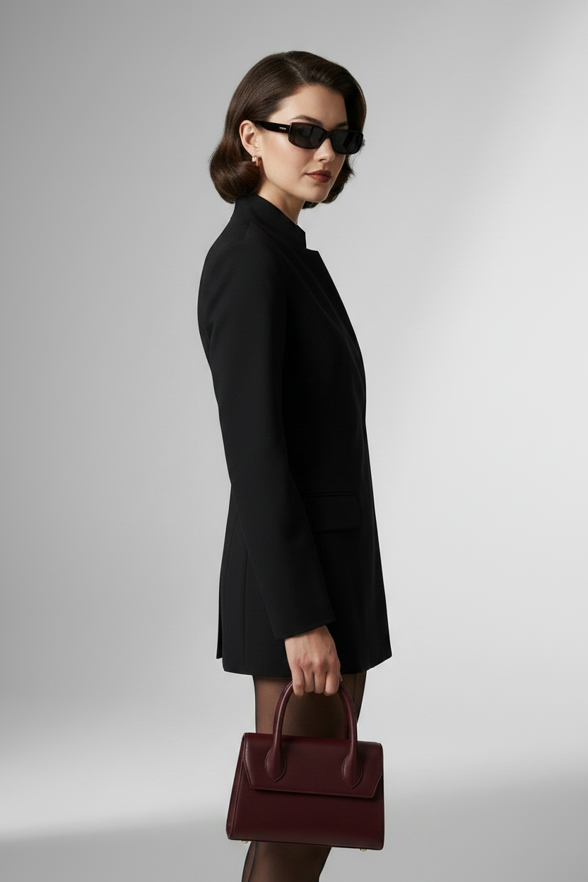 A woman in a black blazer and sunglasses holds a burgundy leather handbag, shown in profile against a light gray studio background.