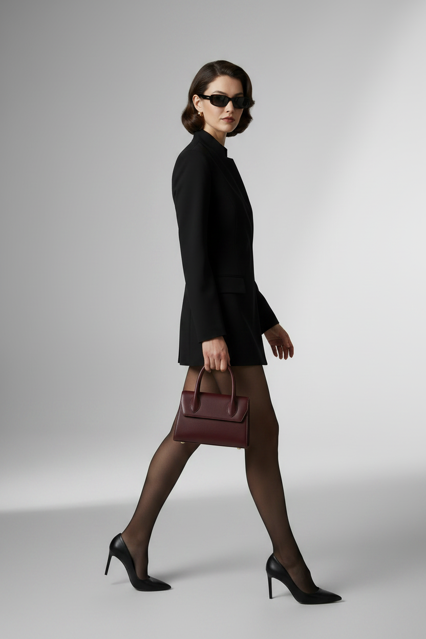 A woman in a black blazer and sunglasses holds a burgundy leather handbag, shown in profile against a light gray studio background.